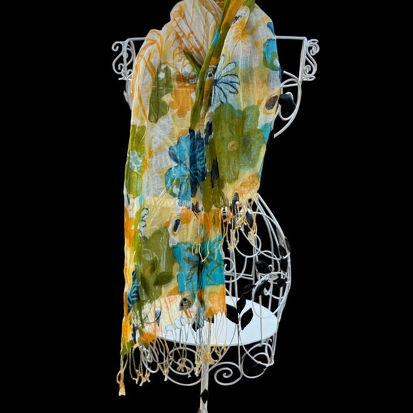 Gorgeous Floral Sheer Lightweight Scarf With Tassels In Yellow Green & Blue - Picture 4 of 7
